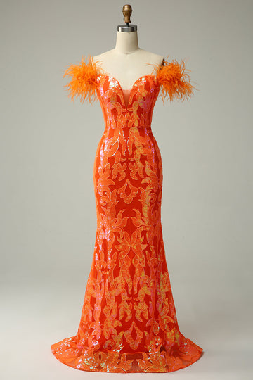 Orange Sequins Off the Shoulder Mermaid Ball Dress with Feathers